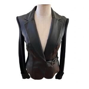 VTG Caché Jacket Blazer Sz M Real Leather Wool Knit Mix Media Belted Y2K Black